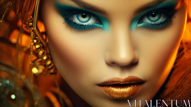 Golden and Blue Makeup: A Captivating Portrait of a Woman AI Image