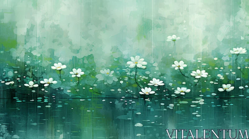 White Daisy Flowers Watercolour Painting on Green Backdrop AI Image