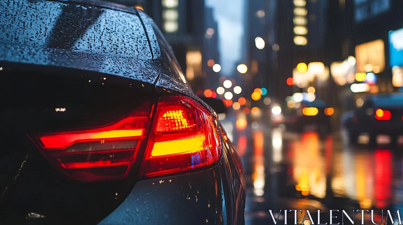 Urban Rainy Night with Car Tail Light AI Image