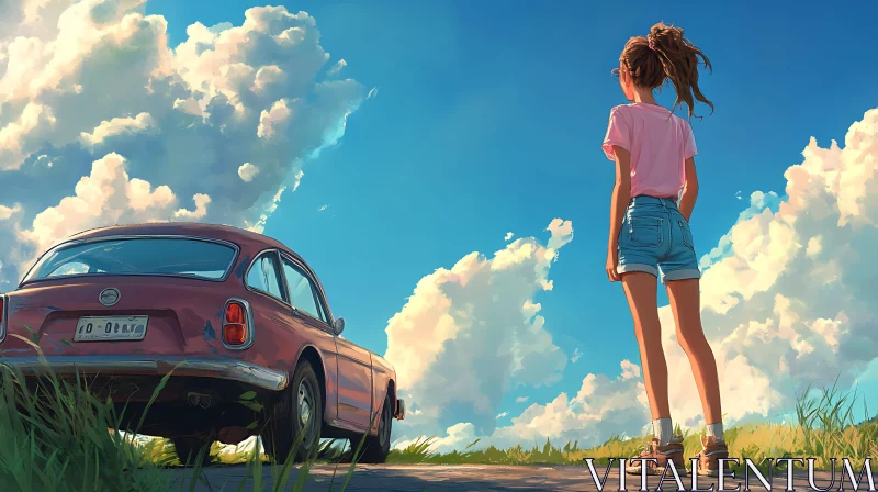 Girl's Journey with Vintage Car in Nature AI Image