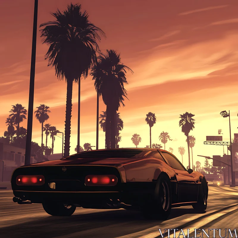 Sporty Evening Drive amidst Palm Trees and Sunset AI Image