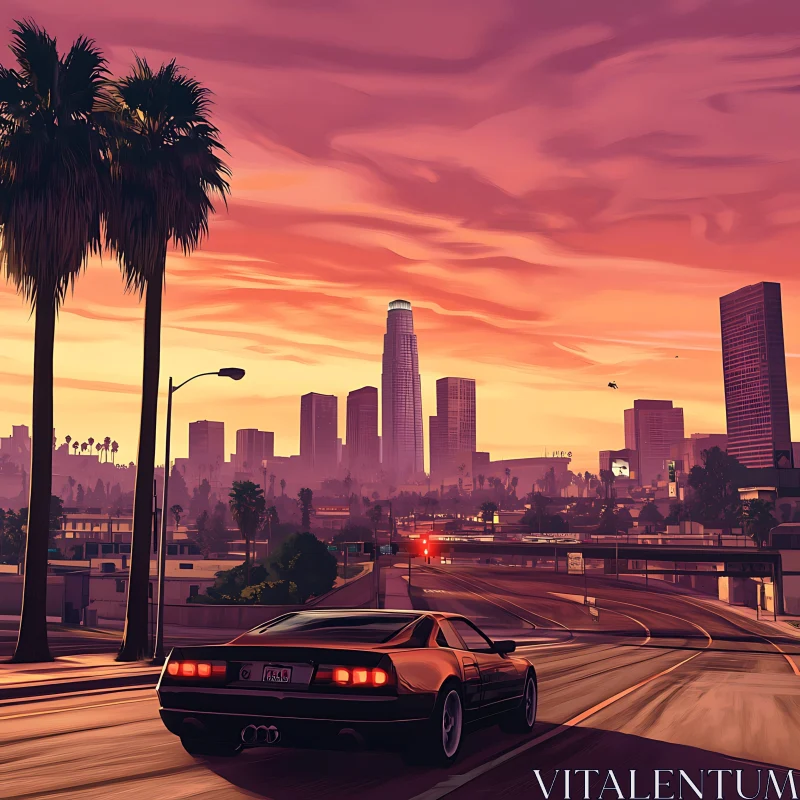 AI ART Urban Evening Scene with Vibrant Sunset and Classic Car