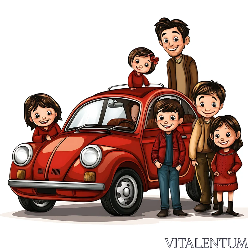 Joyful Cartoon Family with Red Vehicle AI Image