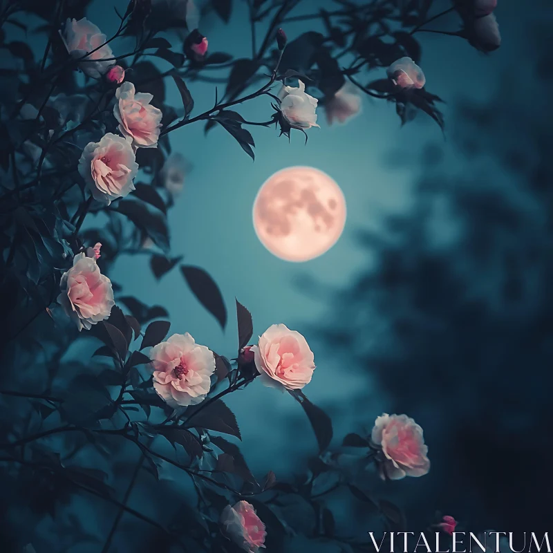 AI ART Moonlit Roses in Night Garden