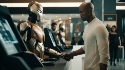 Man and Robot Handshake: A Marvel-style Afrofuturistic Scene