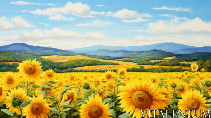 Oil Painting of Sunflower Field with Mountain Backdrop AI Image