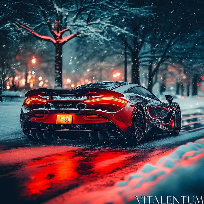 Sleek Red Car on Snowy Street AI Image