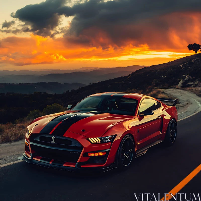 Red Sports Car with Black Stripes at Sunset AI Image