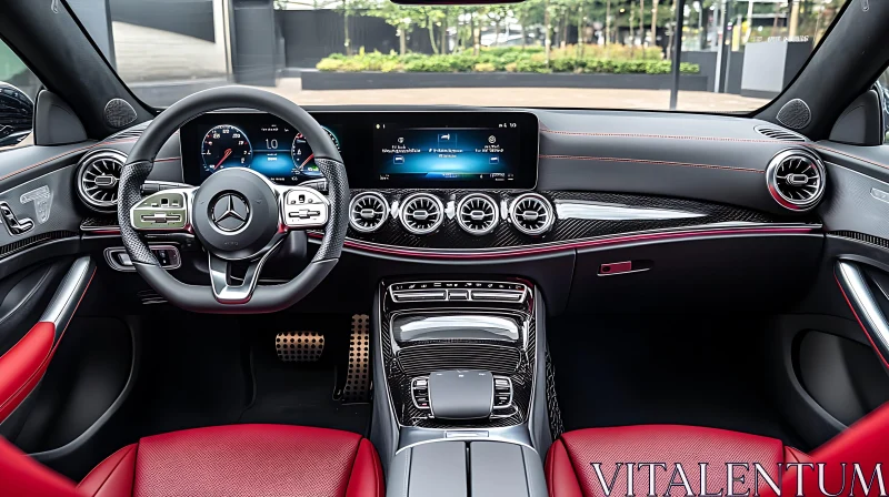 Sophisticated Car Interior Design with Red Leather and Digital Displays AI Image