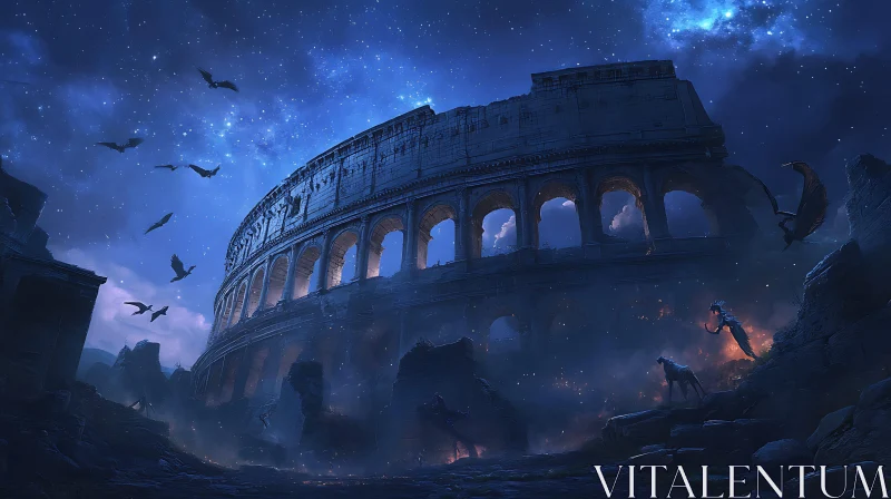 Eerie Ruins of the Colosseum at Night AI Image