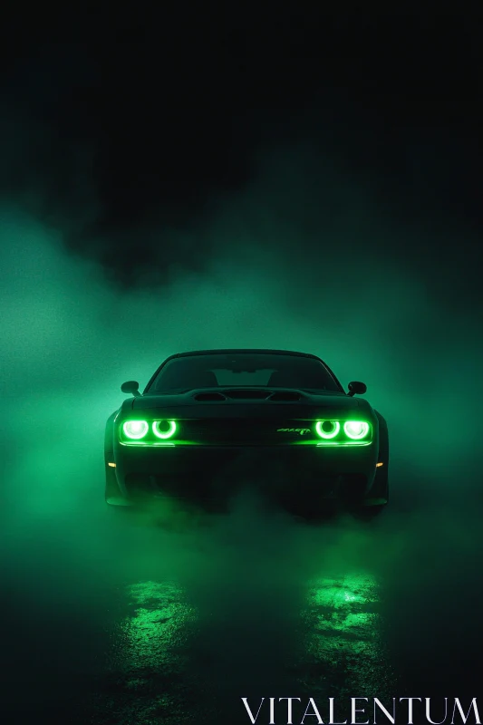 Eerie Green Light Car in Night Fog AI Image