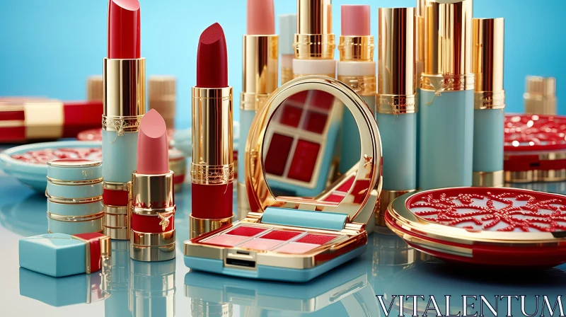 Glamorous Makeup and Cosmetic Products on a Vibrant Blue Surface AI Image
