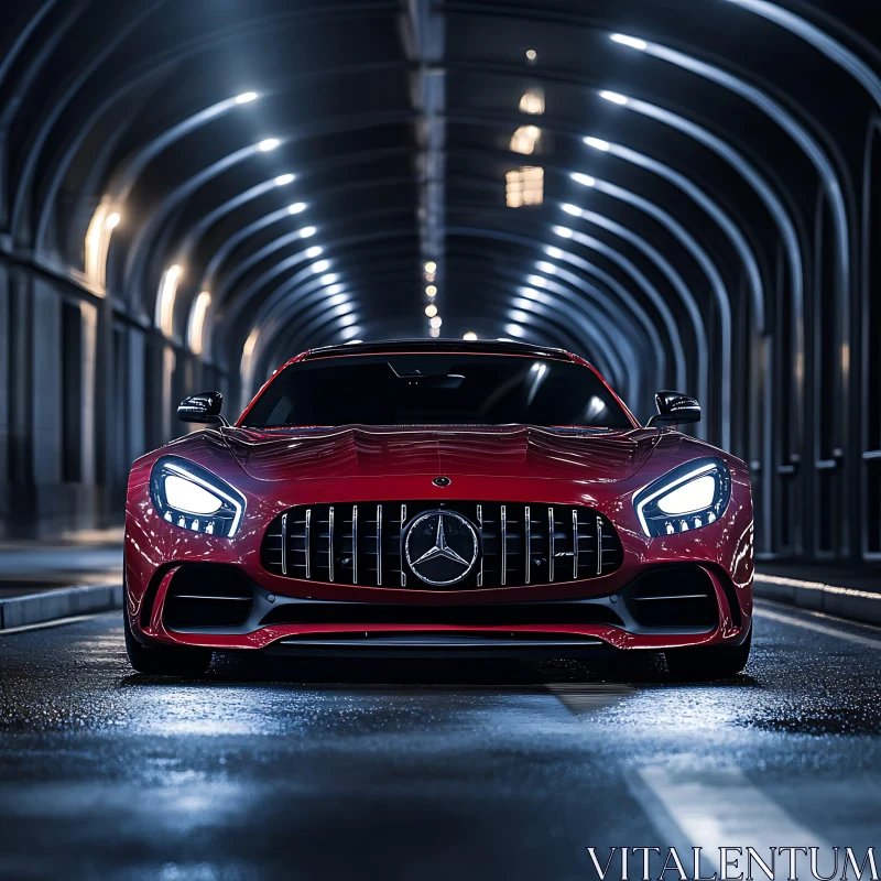 Sleek Red Car with Bright Headlights AI Image