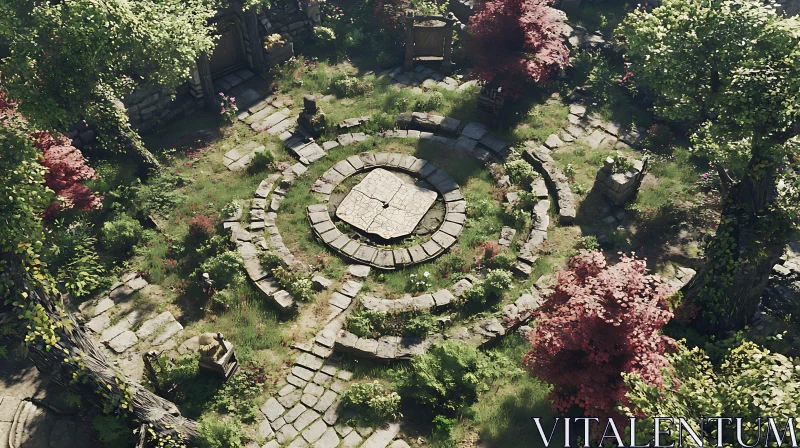 Tranquil Garden Layout with Vibrant Trees and Stone Pathways AI Image