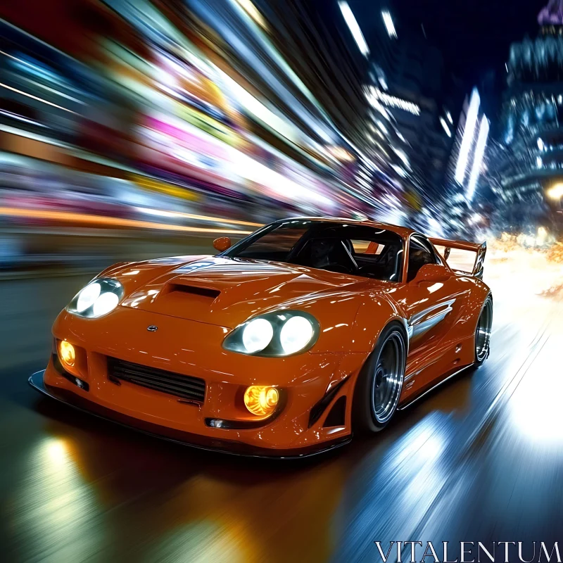 Night Drive: Orange Sports Car in Motion AI Image