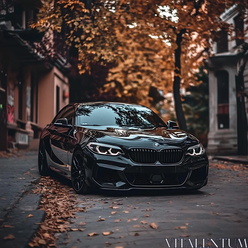 Luxury Black Sports Car in Urban Autumn Setting AI Image