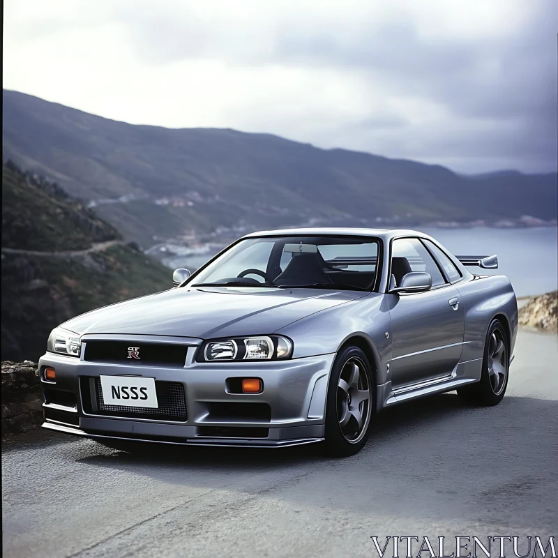 Elegant Silver Car with Mountainous Background AI Image