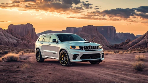 Luxurious SUV in a Rugged Desert Setting at Dusk