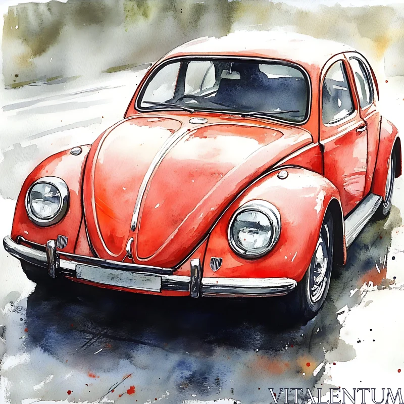 Classic Red Car Watercolor Art AI Image