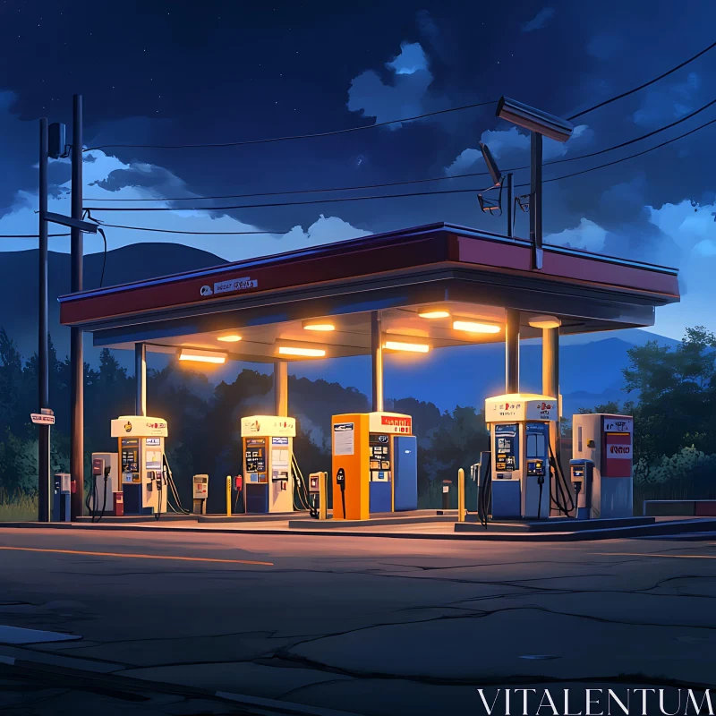 Nocturnal Gas Station Scene AI Image