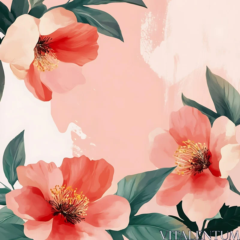 Elegant Pink Floral Art with Green Leaves AI Image