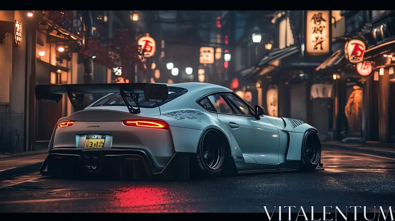 Urban Night Scene with Sports Car AI Image