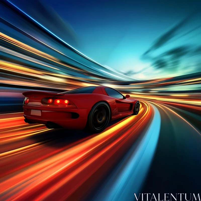 High-Speed Red Sports Car with Stunning Night Light Trails AI Image