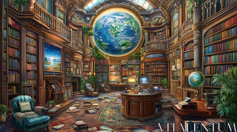 Opulent Library with Earth Globe and Rich Wooden Decor AI Image