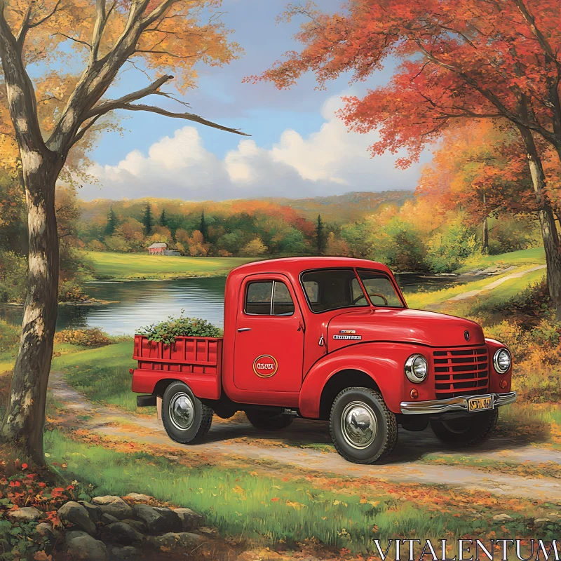 Vintage Red Truck During Fall in Countryside AI Image