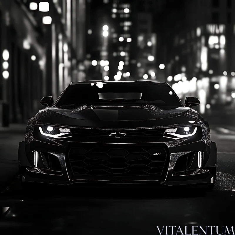 Sleek Black Chevrolet in Urban Nightscape AI Image