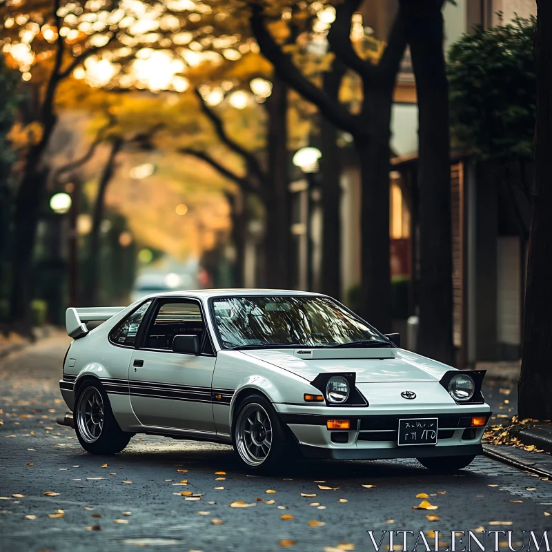 Retro Silver Car on an Autumn Day in the City AI Image