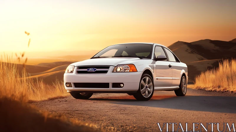 AI ART Countryside Road with White Car at Sunset