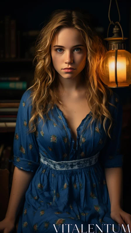 Captivating Portrait of a Blonde Girl in a Blue Dress under an Old Lantern AI Image