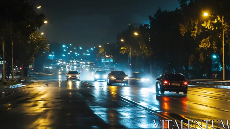 Evening Commute: Cars on a Wet City Street AI Image