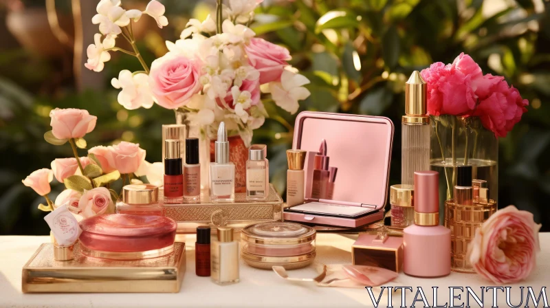 Pink and Gold Cosmetics with Roses: Nature-Inspired Beauty Collection AI Image