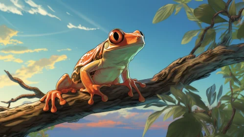 Vibrant Orange Frog on Branch - Children's Book and 2D Game Art Inspiration