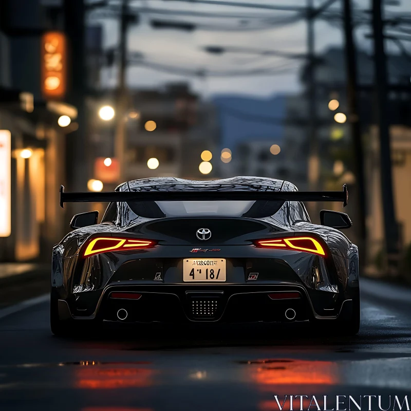 Sleek Black Sports Car in Urban Night Setting Sleek Black Sports Car in Urban Night Setting