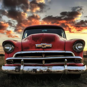Classic Red Car with Rust at Sunset