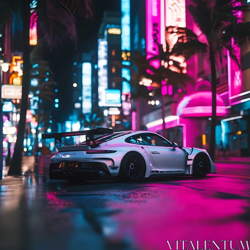 White Sports Car Amidst Neon Glows
