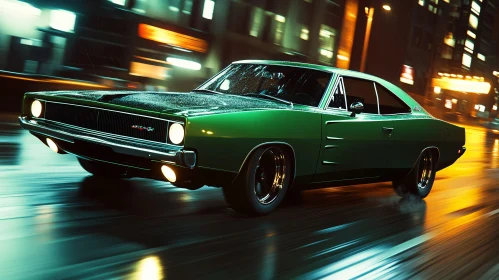 Classic Green Car in Motion on a Rainy Urban Night