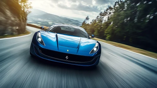 Speeding Blue Sports Car on Mountain Path