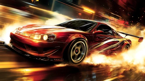 Night-Time Urban Car Race with Red Sports Car