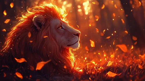 Regal Lion Amidst Falling Leaves