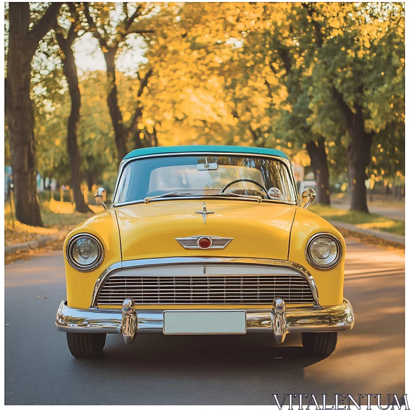 Classic Yellow Car on Tree-Lined Street AI Image