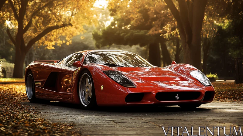 Luxury Red Car Amidst Autumn Foliage Luxury Red Car Amidst Autumn Foliage