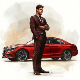 Elegant Man and Luxury Red Car