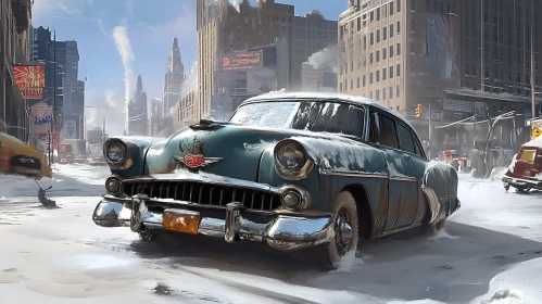 Retro Car in Snow-covered Cityscape