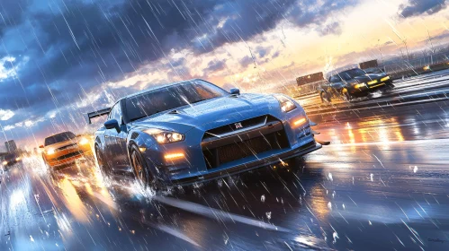 High-Speed Wet Road Car Chase