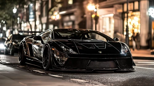 Luxurious Black Sports Car in Urban Nightscape