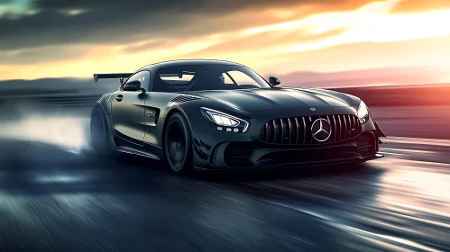 High-Speed Black Sports Car on Wet Track